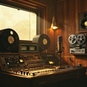 Vintage-Tonstudio mit Mischpult, Tonbandmaschinen und Studiomikrofon