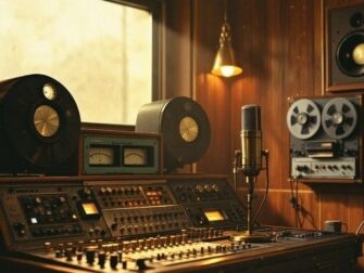 Vintage-Tonstudio mit Mischpult, Tonbandmaschinen und Studiomikrofon