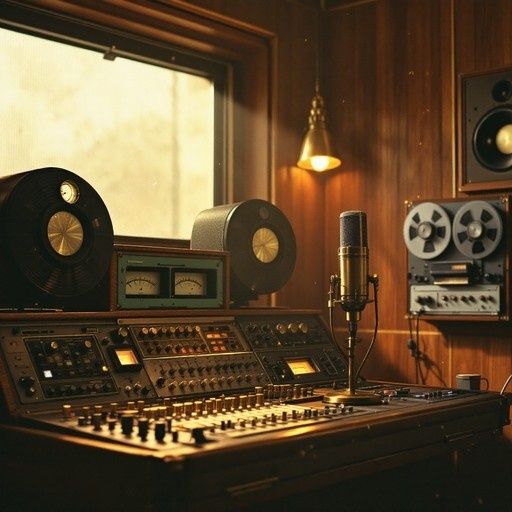 Vintage-Tonstudio mit Mischpult, Tonbandmaschinen und Studiomikrofon