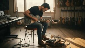 Gitarrist entwickelt mit Effektpedalen ein Arrangement im Musikstudio