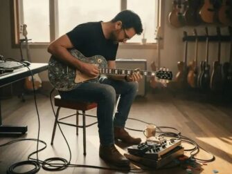 Gitarrist entwickelt mit Effektpedalen ein Arrangement im Musikstudio