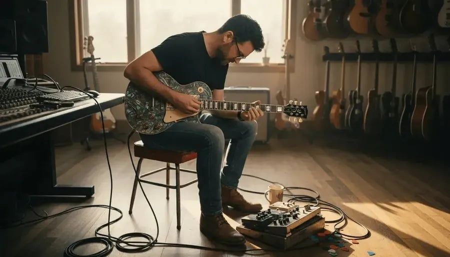 Gitarrist entwickelt mit Effektpedalen ein Arrangement im Musikstudio
